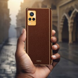 Vaku ® Vivo V21 5G Luxemberg Series Leather Stitched Gold Electroplated Soft TPU Back Cover