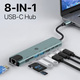eller santé ® OCTOLINK 8-IN-1 USB HUB Multiport Adapter 4K HDMI 2X 3.0/2.0 Ports Type C 100W PD Charging Data Transfer Speed Upto 5GBPS SD/TF Ethernet