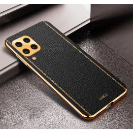 Vaku ® Samsung Galaxy M12 Luxemberg Series Leather Stitched Gold Electroplated Soft TPU Back Cover