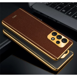 Vaku ® Samsung Galaxy A52s Luxemberg Series Leather Stitched Gold Electroplated Soft TPU Back Cover