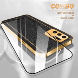 Vaku ® 2In1 Combo Oppo F19 Pro Plus Luxemberg Leather Stitched Gold Electroplated Case with with ESD Anti-Static Shatterproof Tempered Glass
