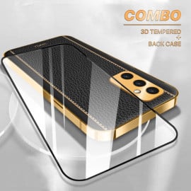 Vaku ® 2In1 Combo Samsung Galaxy M52 5G Luxemberg Leather Stitched Gold Electroplated Case with with ESD Anti-Static Shatterproof Tempered Glass