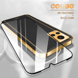 Vaku ® 2In1 Combo Vivo V20 Luxemberg Leather Stitched Gold Electroplated Case with ESD Anti-Static Shatterproof Tempered Glass