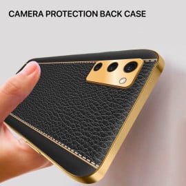 Vaku ® 2In1 Combo Samsung Galaxy S20 FE Luxemberg Leather Stitched Gold Electroplated Case with 9H Shatterproof Tempered Glass