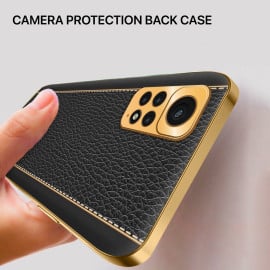 Vaku ® 2In1 Combo Xiaomi Redmi Note 11 Pro Luxemberg Leather Stitched Gold Electroplated Case with ESD Anti-Static Shatterproof Tempered Glass