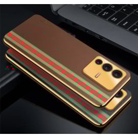 Vaku ® Vivo V23 5G Felix Line Leather Stitched Gold Electroplated Soft TPU Back Cover Case