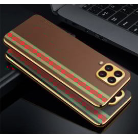 Vaku ® Samsung Galaxy M33 5G Felix Line Leather Stitched Gold Electroplated Soft TPU Back Cover Case