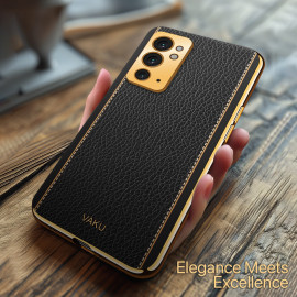 Vaku ® OnePlus 9RT Luxemberg Series Leather Stitched Gold Electroplated Soft TPU Back Cover