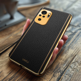 Vaku ® Redmi Note 10 Luxemberg Series Leather Stitched Gold Electroplated Soft TPU Back Cover