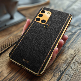 Vaku ® Samsung Galaxy A21s Luxemberg Leather Stitched Gold Electroplated Soft TPU Back Cover