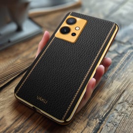 Vaku ® Vivo T1 5G Luxemberg Series Leather Stitched Gold Electroplated Soft TPU Back Cover