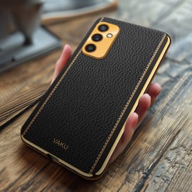 Vaku ® Samsung Galaxy F23 5G Luxemberg Series Leather Stitched Gold Electroplated Soft TPU Back Cover