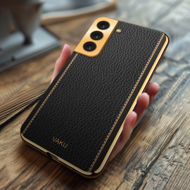Vaku ® Samsung Galaxy S21 Luxemberg Series Leather Stitched Gold Electroplated Soft TPU Back Cover