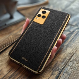 Vaku ® Vivo Y73 Luxemberg Series Leather Stitched Gold Electroplated Soft TPU Back Cover