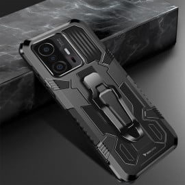 Vaku ® Xiaomi 11T Pro 5G Vanguard Military Grade Armor Case with Metal Belt Clip Kickstand Back Cover