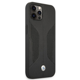 BMW ® For iPhone 13 Pro Max Real Leather Perforated Seat Side Debossed Line Signature Collection Hard Case - Black