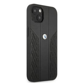 BMW ® For iPhone 13 Real Leather Perforated Seat Pattern Curved Stripes Signature Collection Back Cover - Black