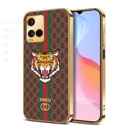Vaku ® Vivo Y21e Lynx Leather Stitched Gold Electroplated Soft TPU Back Cover Case
