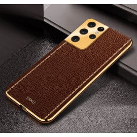 Vaku ® Samsung Galaxy S21 Ultra Luxemberg Series Leather Stitched Gold Electroplated Soft TPU Back Cover