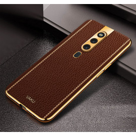 Vaku ® Oppo F11 Pro Luxemberg Series Leather Stitched Gold Electroplated Soft TPU Back Cover