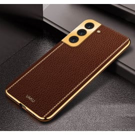 Vaku ® Samsung Galaxy S22 Plus Luxemberg Series Leather Stitched Gold Electroplated Soft TPU Back Cover
