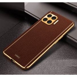 Vaku ® Oppo F17 Luxemberg Series Leather Stitched Gold Electroplated Soft TPU Back Cover