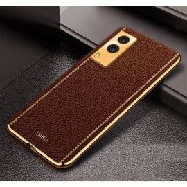 Vaku ® Vivo V21e 5G Luxemberg Series Leather Stitched Gold Electroplated Soft TPU Back Cover