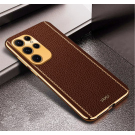 Vaku ® Samsung Galaxy S23 Ultra Luxemberg Series Leather Stitched Gold Electroplated Soft TPU Back Cover