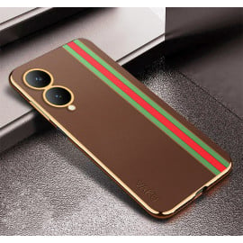 Vaku ® Vivo Y17s Felix Line Leather Stitched Gold Electroplated Soft TPU Back Cover Case
