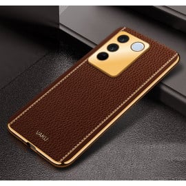 Vaku ® Vivo V27 5G Luxemberg Leather Pattern Gold Electroplated Soft TPU Back Cover