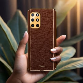 Vaku ® OnePlus 8T Luxemberg Leather Stitched Gold Electroplated Soft TPU Back Cover
