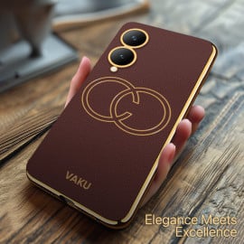 Vaku ® Vivo Y17s Skylar Leather Stitched Gold Electroplated Soft TPU Back Cover Case