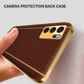 Vaku ® 2In1 Combo Oppo Reno6 5G Luxemberg Leather Stitched Gold Electroplated Case with ESD Anti-Static Shatterproof Tempered Glass