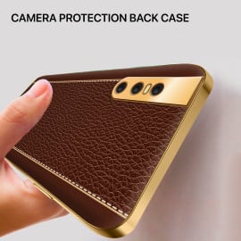 Vaku ® 2In1 Combo Vivo V15 Pro Luxemberg Leather Stitched Gold Electroplated Case with 9H Shatterproof Tempered Glass