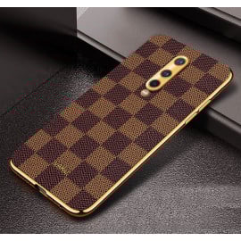 Vaku ® OnePlus 8 Cheron Series Leather Stitched Gold Electroplated Soft TPU Back Cover