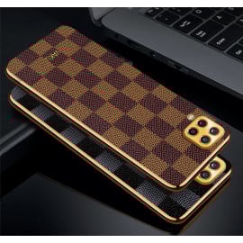 Vaku ® Samsung Galaxy M12 Cheron Series Leather Stitched Gold Electroplated Soft TPU Back Cover