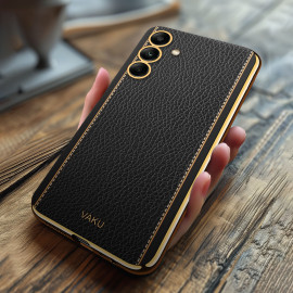 Vaku ® Samsung Galaxy S24 Luxemberg Leather Pattern Gold Electroplated Soft TPU Back Cover