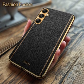 Vaku ® Samsung Galaxy A14 Luxemberg Series Leather Stitched Gold Electroplated Soft TPU Back Cover