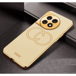 Vaku ® OnePlus 11 Skylar Series Leather Stitched Gold Electroplated Soft TPU Back Cover