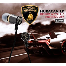 Lamborghini ® Official Huracan LP Deluxe Metallic High Fidelity 100dB In-Ear Headphones + Mic + Remote with Gold-plated Jack Earphone Black