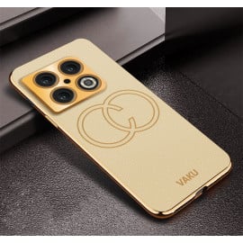 Vaku ® OnePlus 10 Pro Skylar Series Leather Stitched Gold Electroplated Soft TPU Back Cover