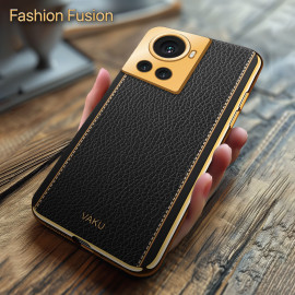Vaku ® OnePlus 10R Luxemberg Series Leather Stitched Gold Electroplated Soft TPU Back Cover