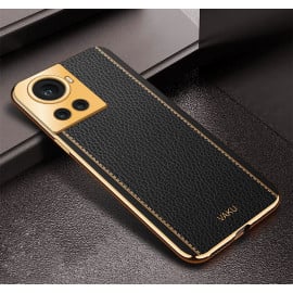 Vaku ® OnePlus 10R Luxemberg Series Leather Stitched Gold Electroplated Soft TPU Back Cover