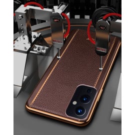 Vaku ® Oneplus 9 Vertical Leather Stitched Gold Electroplated Soft TPU Back Cover