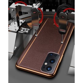 Vaku ® Oneplus 9 Pro Vertical Leather Stitched Gold Electroplated Soft TPU Back Cover