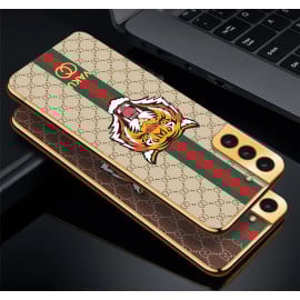 Vaku ® Samsung Galaxy S22 Plus Lynx Leather Stitched Gold Electroplated Soft TPU Back Cover Case