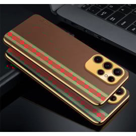 Vaku ® Samsung Galaxy S23 Ultra Felix Line Leather Stitched Gold Electroplated Soft TPU Back Cover Case