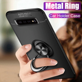 Vaku ® Samsung Galaxy S10 Ring Holder Auto Focus Leather Stitched Soft Silicone 4 Frames plus ultra-thin case transparent cover