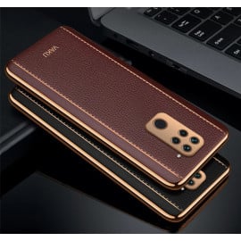 Vaku ® Redmi Note 9 Vertical  Leather Stitched Gold Electroplated Soft TPU Back Cover