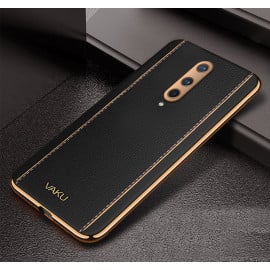 Vaku ® Oneplus 7 Pro Vertical Leather Stitched Gold Electroplated Soft TPU Back Cover